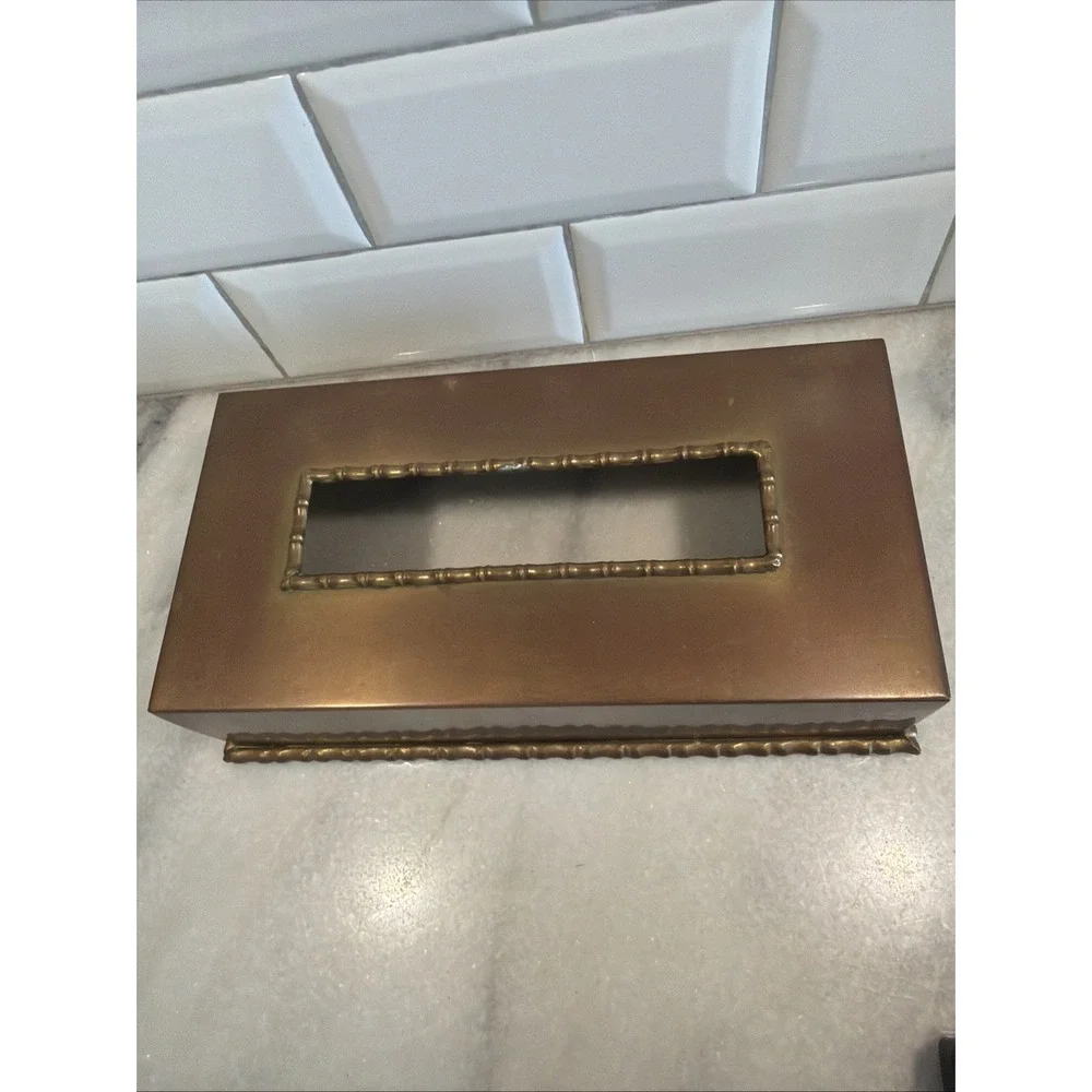 Vintage‎ Hollywood REGENCY Bronzed Brass Tissue Box Cover Bamboo Trim Look ES004